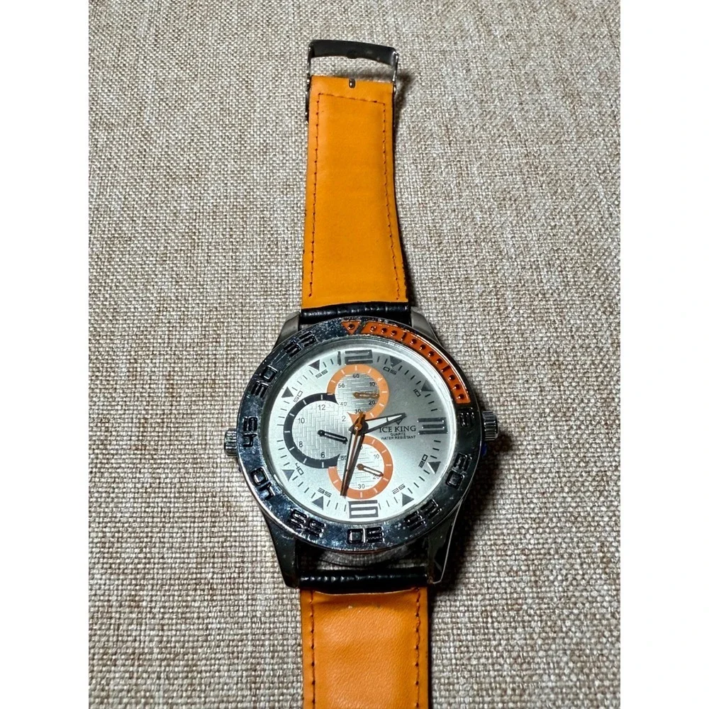 ICE KING Mens Orange Leather Strap Chronograph Watch Silver Dial Water Resistant